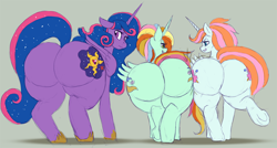 Size: 1500x806 | Tagged: safe, artist:weasselk, imported from derpibooru, oc, oc:princess healing glory, oc:princess sincere scholar, oc:queen galaxia (bigonionbean), alicorn, pony, butt, butt bump, butt to butt, butt touch, commissioner:bigonionbean, crown, cutie mark, embarrassed, ethereal mane, female, flank, fusion, fusion:cheerilee, fusion:fleur-de-lis, fusion:lightning dust, fusion:ms. harshwhinny, fusion:nurse redheart, fusion:princess cadance, fusion:princess celestia, fusion:princess luna, fusion:sassy saddles, fusion:spitfire, fusion:trixie, fusion:twilight sparkle, jewelry, large butt, mare, nervous, plot, regalia, teasing, the ass was fat, thick, writer:bigonionbean