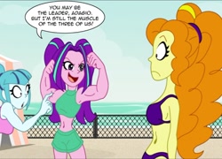 Size: 1022x737 | Tagged: safe, artist:niban-destikim, imported from derpibooru, adagio dazzle, aria blaze, sonata dusk, human, equestria girls, aria brute, aria buff, beach, belly button, bikini, clothes, female, muscles, ripped pants (spongebob episode), speech bubble, swimsuit, the dazzlings