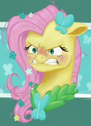 Size: 560x775 | Tagged: safe, artist:tsunami-shells, imported from derpibooru, fluttershy, pegasus, pony, the best night ever, angry, bust, ears back, female, flower, flower in hair, flutterrage, gritted teeth, mare, red face, solo, teeth