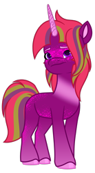 Size: 1828x3318 | Tagged: safe, artist:dancingkinfiend, derpibooru exclusive, imported from derpibooru, oc, oc only, unnamed oc, pony, unicorn, coat markings, colored hooves, colored horn, female, freckles, frown, furrowed brow, g5, hooves, horn, male to female, mare, multicolored hair, multicolored mane, purple eyes, purple fur, red mane, simple background, socks (coat markings), solo, sparkles, trans female, transgender, transgender oc, transparent background, unicorn oc