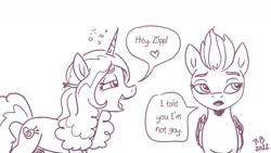 Size: 1200x675 | Tagged: safe, artist:pony-berserker, imported from derpibooru, izzy moonbow, zipp storm, pegasus, pony, unicorn, dialogue, drunk, drunk bubbles, female, g5, grayscale, heart, implied izzyzipp, implied lesbian, implied shipping, mare, monochrome, pony-berserker's twitter sketches, pony-berserker's twitter sketches (2022), shipping denied, simple background, white background