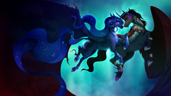 Size: 4000x2250 | Tagged: safe, artist:pumpkabooo, imported from derpibooru, king sombra, princess luna, alicorn, pony, unicorn, alicornified, armor, blue tail, claws, crying, curved horn, duo, duo male and female, ethereal mane, fall of an empire, female, flowing mane, flowing tail, flying, frown, high res, hoof shoes, horn, implied nightmare moon, jewelry, looking at each other, looking at someone, lumbra, male, mare, night, peytral, race swap, regalia, shipping, smiling, sombra eyes, sombracorn, sparkles, spread wings, stallion, starry mane, straight, tail, teeth, wall of tags, wing cape, wing claws, wings