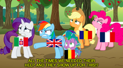 Size: 486x271 | Tagged: safe, edit, edited screencap, imported from derpibooru, screencap, applejack, pinkie pie, rainbow dash, rarity, spike, belgium, eqg flag-tag meme, france, implied united states, italy, metaphor, romania, united kingdom, world war i