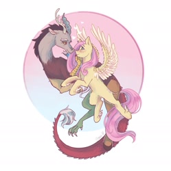 Size: 2074x2082 | Tagged: safe, artist:bonniem_x2, imported from derpibooru, discord, fluttershy, draconequus, pegasus, pony, antlers, blushing, discoshy, duo, female, flying, heart, horn, looking at each other, looking at someone, male, shipping, signature, simple background, spread wings, straight, wings