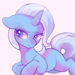 Size: 1400x1400 | Tagged: safe, artist:horseyuris, imported from derpibooru, trixie, pony, unicorn, cute, diatrixes, female, floppy ears, horn, lying down, mare, missing cutie mark, prone, simple background, solo, starry eyes, wingding eyes