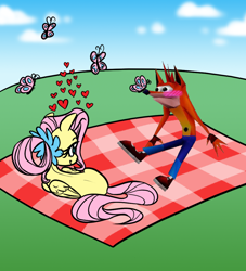 Size: 930x1026 | Tagged: safe, artist:thefiremermaid, imported from derpibooru, fluttershy, bandicoot, butterfly, pegasus, pony, activision, blushing, butterfly on nose, crash bandicoot, crash bandicoot (series), crossover, crossover shipping, female, floating heart, fluttercrash, funny, funny as hell, heart, insect on nose, looking at each other, looking at someone, lying down, male, mare, meme, older, older fluttershy, picnic blanket, shipping, straight, wat, woah, woah (meme)