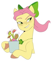 Size: 1033x1200 | Tagged: safe, artist:aztrial, imported from derpibooru, earth pony, pony, bow, bust, female, flower, flower pot, g5, hair bow, hoof hold, jewelry, mare, necklace, plant, ponytail, posey bloom, raised eyebrow, simple background, smiling, solo, unshorn fetlocks, venus flytrap, white background