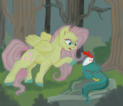 Size: 1024x888 | Tagged: safe, artist:tsunami-shells, imported from derpibooru, fluttershy, cockatrice, pegasus, pony, stare master, angry, colored hooves, female, forest, intimidating, looking at someone, mare, open mouth, outdoors, pointing, raised hoof, scene interpretation, spread wings, tree, wings