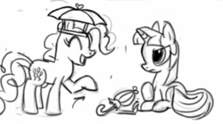 Size: 1215x676 | Tagged: safe, imported from derpibooru, pinkie pie, twilight sparkle, twilight twinkle, earth pony, pony, unicorn, 2009, animatic, black and white, book, eyes closed, female, frown, grayscale, hat, horn, lying down, mare, monochrome, prone, raised hoof, show pilot, smiling, twilight sparkle is not amused, umbrella, umbrella hat, unamused, unicorn twilight, youtube link