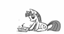 Size: 1225x666 | Tagged: safe, imported from derpibooru, twilight sparkle, twilight twinkle, pony, unicorn, 2009, animatic, black and white, book, female, grayscale, horn, index get, mare, milestone, monochrome, show pilot, sitting, smiling, unicorn twilight, x00000 milestone, youtube link