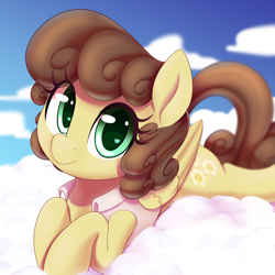 Size: 2000x2000 | Tagged: safe, artist:thebatfang, imported from derpibooru, oc, pegasus, pony, clothes, cloud, curly hair, cute, female, filly, foal, looking at you, lying down, lying on a cloud, ocbetes, on a cloud, shirt, sky, smiling, smiling at you, solo, wide eyes