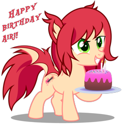 Size: 3360x3430 | Tagged: safe, artist:strategypony, imported from derpibooru, oc, oc only, oc:airi, bat pony, bat pony oc, birthday, birthday cake, cake, candle, cute, female, filly, foal, food, happy birthday, simple background, spread wings, text, transparent background, wings