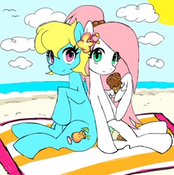 Size: 749x751 | Tagged: safe, artist:ponysprinkles, imported from derpibooru, oc, oc only, earth pony, pegasus, pony, beach, cloud, duo, duo female, earth pony oc, eye clipping through hair, female, food, ice cream, ice cream cone, looking at you, mare, pegasus oc, sitting, wing hands, wings