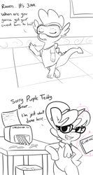 Size: 4096x7722 | Tagged: safe, artist:tjpones, imported from derpibooru, raven, spike, dragon, pony, unicorn, bipedal, black and white, comic, commission, dialogue, female, grayscale, implied spike, levitation, magic, male, mare, monochrome, nightshirt, paper shredder, partial color, pencil behind ear, ravenspike, shipping, simple background, sleep mask, straight, suspicious, telekinesis, white background