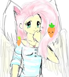 Size: 764x859 | Tagged: safe, artist:ponysprinkles, imported from derpibooru, fluttershy, human, equestria girls, bunny ears, carrot, clothes, female, food, heart, jewelry, looking at you, necklace, simple background, solo, white background, wings