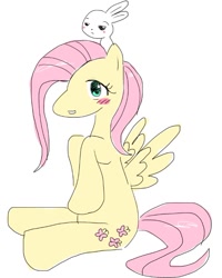 Size: 731x913 | Tagged: safe, artist:ponysprinkles, imported from derpibooru, angel bunny, fluttershy, pegasus, pony, rabbit, animal, blush sticker, blushing, female, mare, simple background, sitting, white background, wings