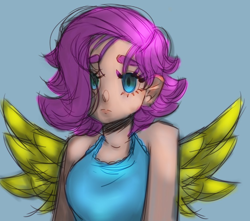 Size: 640x567 | Tagged: safe, artist:issauwu, imported from derpibooru, fluttershy, human, blue background, bust, female, humanized, looking at you, short hair, simple background, solo, winged humanization, wings