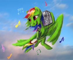 Size: 6289x5243 | Tagged: safe, artist:c_||_r, imported from derpibooru, oc, oc only, oc:ceezie, pegasus, pony, amp, atg 2022, female, flying, green coat, magenta eyes, mare, microphone, motion blur, multicolored hair, music notes, newbie artist training grounds, rainbow hair, real life background, singing, smiling, solo
