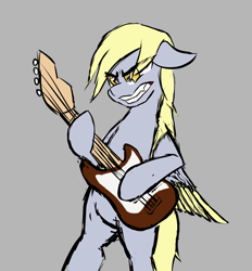 Size: 1008x1088 | Tagged: safe, artist:hovel, imported from derpibooru, derpy hooves, pegasus, pony, bass guitar, bipedal, electric guitar, floppy ears, gray background, guitar, hoof hold, musical instrument, simple background, sketch, solo