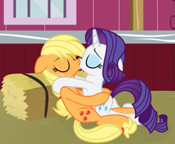 Size: 1089x896 | Tagged: safe, artist:vi45, imported from derpibooru, applejack, rarity, earth pony, pony, unicorn, butt, duo, eyes closed, female, hay bale, kiss on the lips, kissing, lesbian, mare, plot, rarijack, shipping
