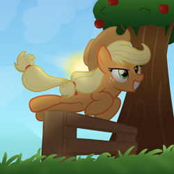 Size: 2000x2000 | Tagged: safe, artist:candy meow, imported from derpibooru, applejack, earth pony, pony, apple, apple tree, applejack's hat, atg 2022, cowboy hat, female, food, grin, hat, high res, jumping, mare, newbie artist training grounds, obstacle course, running, smiling, solo, tree