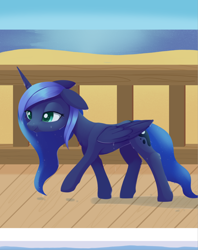 Size: 1778x2247 | Tagged: safe, artist:dusthiel, imported from derpibooru, princess luna, pony, atg 2022, floppy ears, slim, solo, tail, walking, wet, wet hair, wet mane, wet tail