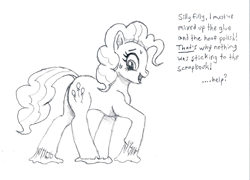 Size: 1697x1220 | Tagged: safe, artist:friendshipishorses, imported from derpibooru, pinkie pie, earth pony, pony, atg 2022, butt, female, glue, mare, monochrome, plot, solo, traditional art