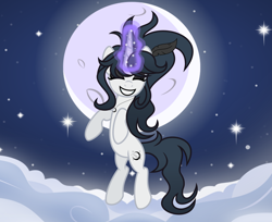 Size: 6881x5625 | Tagged: safe, artist:darbypop1, imported from derpibooru, oc, oc only, oc:raven (darbypop1), pony, unicorn, absurd resolution, cloud, eyes closed, eyeshadow, female, glowing, glowing horn, grin, horn, jewelry, magic, magic aura, makeup, mare, moon, necklace, night, smiling, solo, stars, unicorn oc