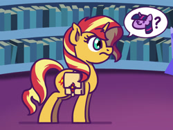 Size: 1800x1350 | Tagged: safe, artist:flutterluv, imported from derpibooru, part of a set, sunset shimmer, twilight sparkle, pony, unicorn, atg 2022, newbie artist training grounds, part of a series, solo, speech bubble