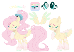 Size: 814x574 | Tagged: safe, artist:jewe1z, imported from derpibooru, fluttershy, pegasus, pony, base used, eye clipping through hair, eyes closed, female, freckles, hoof on chest, mare, redesign, reference sheet, simple background, smiling, solo, tail, tail feathers, watermark, white background