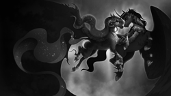 Size: 4000x2250 | Tagged: safe, alternate version, artist:pumpkabooo, imported from derpibooru, king sombra, princess luna, alicorn, pony, unicorn, armor, black and white, claws, curved horn, duo, duo male and female, ethereal mane, female, flowing mane, flowing tail, flying, grayscale, high res, hoof shoes, horn, implied nightmare moon, jewelry, long feather, looking at each other, looking at someone, lumbra, male, mare, monochrome, night, peytral, regalia, shipping, smiling, sombra eyes, sparkles, spread wings, stallion, starry mane, straight, tail, wing cape, wing claws, wings