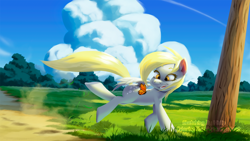 Size: 2100x1181 | Tagged: safe, artist:kiulip, imported from derpibooru, derpy hooves, butterfly, pegasus, pony, female, g4, mare, open mouth, open smile, running, scenery, smiling, solo, this will end in pain