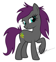 Size: 5000x5529 | Tagged: safe, artist:kaitykat117, imported from derpibooru, oc, oc only, oc:dramatic flaire(kaitykat), changeling, earth pony, eyelashes, feminine stallion, gray coat, half changeling, long hair, long hair male, male, raised hoof, simple background, smiling, solo, stallion, transparent background