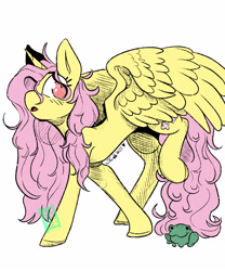 Size: 2500x3000 | Tagged: safe, artist:stinkygooby, imported from derpibooru, fluttershy, alicorn, frog, pony, alicornified, crosshatch, female, fluttercorn, high res, mare, race swap, raised leg, red eyes, simple background, spread wings, stray strand, white background, wings, wrong eye color