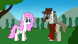 Size: 1920x1080 | Tagged: safe, artist:platinumdrop, imported from derpibooru, oc, oc only, oc:candy, oc:tybalt, earth pony, pony, unicorn, bandolier, clothes, fanfic art, fedora, female, hat, male, mare, request, stallion