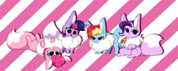 Size: 5971x2423 | Tagged: safe, artist:kittyrosie, imported from derpibooru, part of a set, pinkie pie, rainbow dash, starlight glimmer, twilight sparkle, eevee, >:3, blushing, chest fluff, cute, cuteness overload, daaaaaaaaaaaw, dashabetes, diapinkes, ear fluff, floating heart, fluffy, food, glimmerbetes, gradient background, heart, kittyrosie is trying to murder us, open mouth, open smile, pizza, pokefied, pokémon, simple background, smiling, solo, species swap, sweet dreams fuel, twiabetes, weapons-grade cute