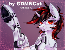 Size: 2336x1824 | Tagged: safe, alternate version, artist:goddamncat, imported from derpibooru, part of a set, oc, oc:blackjack, cyborg, pony, unicorn, fallout equestria, fallout equestria: project horizons, amputee, bedroom eyes, commission, cropped, cute, cyber legs, cybernetic legs, ear fluff, fallout, fanfic art, female, frog (hoof), hooves, horn, level 1 (project horizons), looking at you, mare, nudity, pipbuck, prosthetic limb, prosthetics, raised hoof, sitting, small horn, smiling, smirk, solo, strategically cropped, underhoof, ych example, your character here