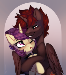 Size: 1854x2103 | Tagged: safe, artist:taneysha, imported from derpibooru, oc, oc only, oc:hardy, oc:lavrushka, alicorn, pony, unicorn, alicorn oc, blushing, choker, duo, horn, hug, lidded eyes, one eye closed, open mouth, smiling, unicorn oc, wings