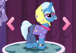 Size: 738x514 | Tagged: safe, imported from derpibooru, trixie, pony, unicorn, 3d, bonnet, game screencap, gameloft, glasses, my little pony: magic princess, solo, watch