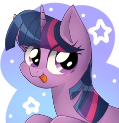 Size: 768x796 | Tagged: safe, artist:namaenonaipony, imported from derpibooru, twilight sparkle, pony, :p, bust, cute, eye clipping through hair, female, horn, mare, simple background, solo, stars, tongue out, twiabetes, white background