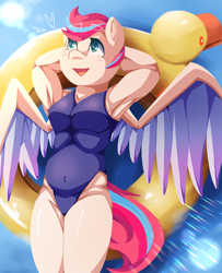 Size: 1640x2022 | Tagged: safe, artist:nanazdina, imported from derpibooru, zipp storm, anthro, pegasus, belly, belly button, blushing, clothes, doodle, female, floaty, g5, ibispaint x, inner tube, muscles, one-piece swimsuit, plump, pool toy, smiling, solo, spread wings, swimming pool, swimsuit, wings