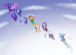 Size: 3010x2200 | Tagged: safe, artist:carrion1750, imported from derpibooru, rarity, starlight glimmer, sunset shimmer, trixie, twilight sparkle, alicorn, anthro, unicorn, ass, butt, clothes, cloud, female, flying, happy, jetpack, leotard, sky, sky background, twilight sparkle (alicorn)