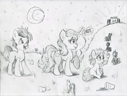 Size: 2000x1522 | Tagged: safe, artist:nedemai, imported from derpibooru, earth pony, pony, unicorn, atg 2022, concert, moon, newbie artist training grounds, night, pencil drawing, scene, speaker, stars, traditional art