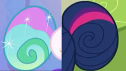 Size: 1280x720 | Tagged: safe, edit, edited screencap, imported from derpibooru, screencap, princess celestia, sci-twi, twilight sparkle, alicorn, human, between dark and dawn, equestria girls, close-up, comparison, female, focus, hair, hair bun, tail, tail bun