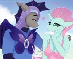Size: 2760x2228 | Tagged: safe, artist:xjenn9, imported from derpibooru, ocellus, oc, anthro, bat pony, changedling, changeling, canon x oc, female, floating heart, heart, looking at each other, looking at someone, male, milkshake, night guard, shipping, straight