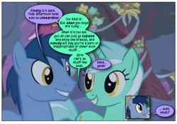 Size: 868x606 | Tagged: safe, artist:dziadek1990, edit, edited screencap, imported from derpibooru, screencap, blues, lyra heartstrings, noteworthy, earth pony, pony, unicorn, filli vanilli, comic, conversation, dialogue, duo, screencap comic, speech, talking, text, wait what, we don't normally wear clothes