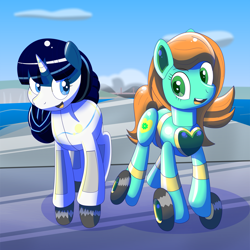 Size: 2000x2000 | Tagged: safe, artist:trackheadtherobopony, imported from derpibooru, oc, oc only, oc:goldheart, oc:ratangga, object pony, original species, pony, robot, robot pony, train pony, skating, train, wheel