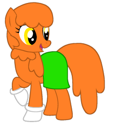 Size: 868x921 | Tagged: safe, artist:rainysweet, imported from derpibooru, oc, oc:ginger janes, earth pony, pony, clothes, diaginges, earth pony oc, female, g4, gloves, green skirt, mare, open mouth, open smile, orange hair, orange mane, orange tail, raised hoof, raised leg, simple background, skirt, smiling, solo, sweater, tail, transparent background, yellow eyes