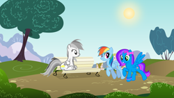 Size: 1920x1080 | Tagged: safe, artist:josephlu2021, imported from derpibooru, rainbow dash, oc, oc:azure acrylic, oc:gray awesome dash, pegasus, pony, bench, best friends, day, daytime, female, folded wings, mare, park, ponyville, sitting, spread wings, walking, wings