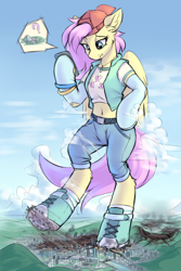 Size: 1600x2400 | Tagged: safe, artist:ravistdash, imported from derpibooru, fluttershy, pegasus, pony, semi-anthro, 90s grunge fluttershy, bipedal, city, clothes, confused, converse, destruction, female, hat, macro, midriff, mountain, outfit, phone, shoes, sky, socks, solo, underhoof, walking